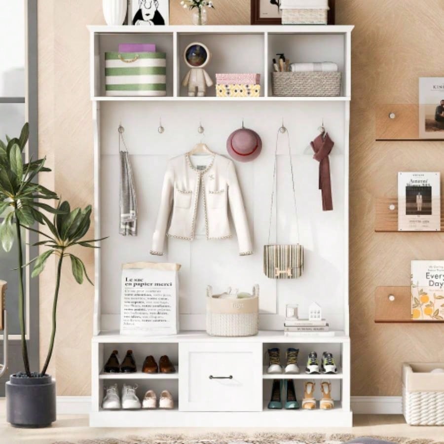 U - Can 43.3 Entryway with Coat Rack, 3 - in - 1 Design and Adjustable Shelves, Hall Tree with Hooks Entrance, Living Room