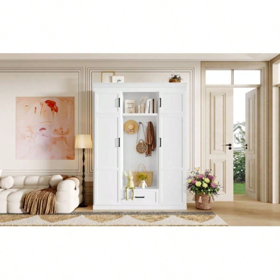 U - Can 85.2H Hall Tree with and 3 Hooks, Modern Entryway Storage Organizer Cabinet with 4 Doors, 1 Drawer and Adjustable Shelves Hallway, Entryway, Living Room