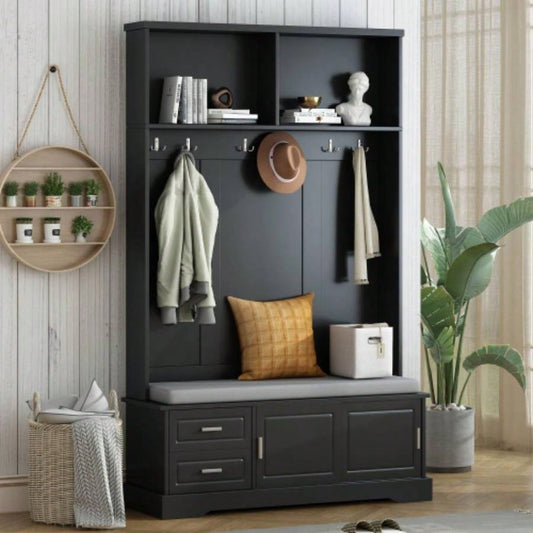 ON - TREND Elegant Hall Tree with Sliding Doors, Versatile Coat Rack with 6 Silvery Hooks Handles, Mudroom Cabinet with Shoe Storage 44.4 Cushion Hallway, Living Room, Black, 47.2*78.