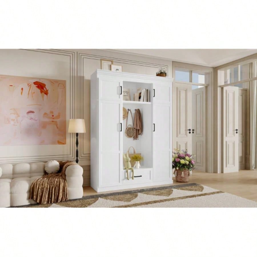U - Can 85.2H Hall Tree with and 3 Hooks, Modern Entryway Storage Organizer Cabinet with 4 Doors, 1 Drawer and Adjustable Shelves Hallway, Entryway, Living Room