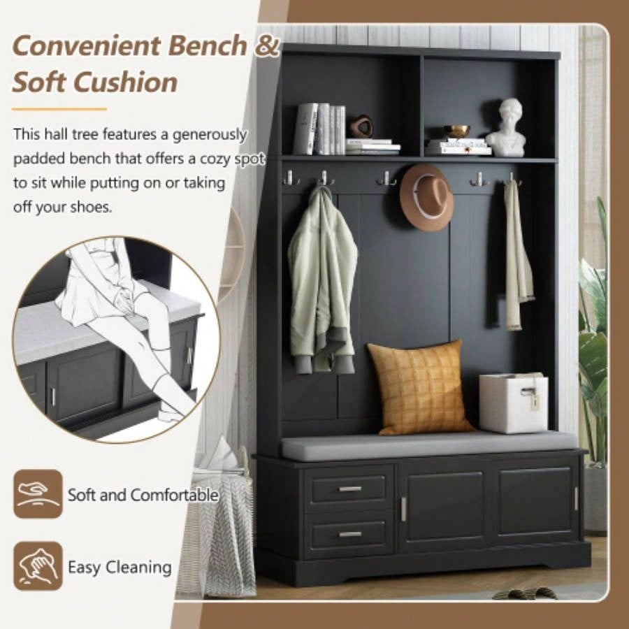 ON - TREND Elegant Hall Tree with Sliding Doors, Versatile Coat Rack with 6 Silvery Hooks Handles, Mudroom Cabinet with Shoe Storage 44.4 Cushion Hallway, Living Room, Black, 47.2*78.
