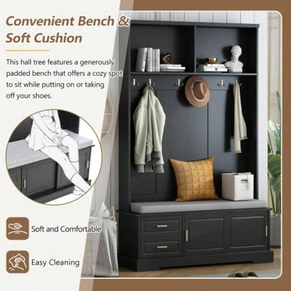 ON - TREND Elegant Hall Tree with Sliding Doors, Versatile Coat Rack with 6 Silvery Hooks Handles, Mudroom Cabinet with Shoe Storage 44.4 Cushion Hallway, Living Room, Black, 47.2*78.