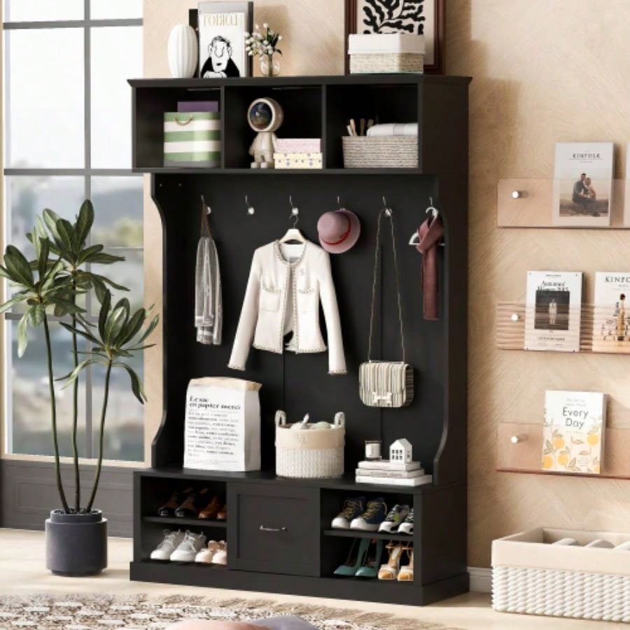 U - Can 43.3 Entryway with Coat Rack, 3 - in - 1 Design and Adjustable Shelves, Hall Tree with Hooks Entrance, Living Room