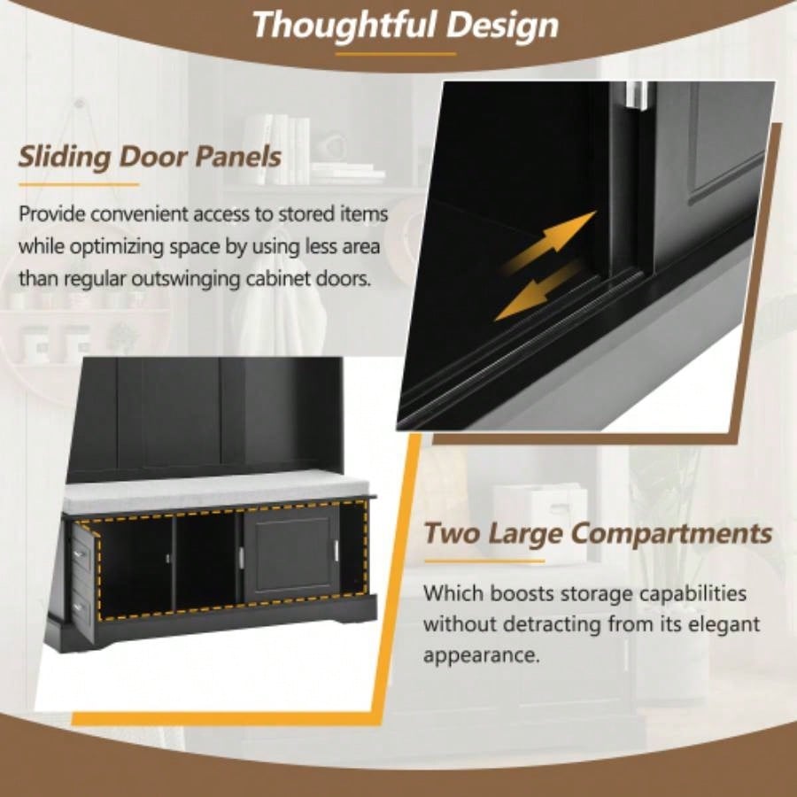 ON - TREND Elegant Hall Tree with Sliding Doors, Versatile Coat Rack with 6 Silvery Hooks Handles, Mudroom Cabinet with Shoe Storage 44.4 Cushion Hallway, Living Room, Black, 47.2*78.