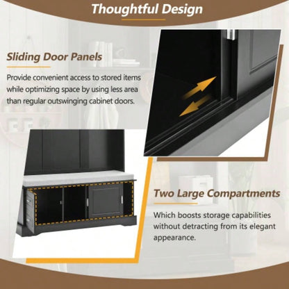 ON - TREND Elegant Hall Tree with Sliding Doors, Versatile Coat Rack with 6 Silvery Hooks Handles, Mudroom Cabinet with Shoe Storage 44.4 Cushion Hallway, Living Room, Black, 47.2*78.