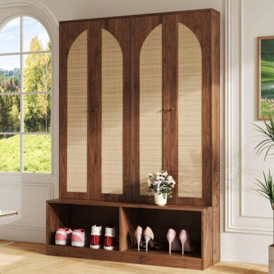 Assembly Video Farmhouse Widen Hall Tree with 4 Rattan Doors, Versatile 4 - In - 1 Seating with 6 Hooks, Mid - Entryway Shoe Cabinet with Adjustable Shelf Living Room, Walnut, 55.1