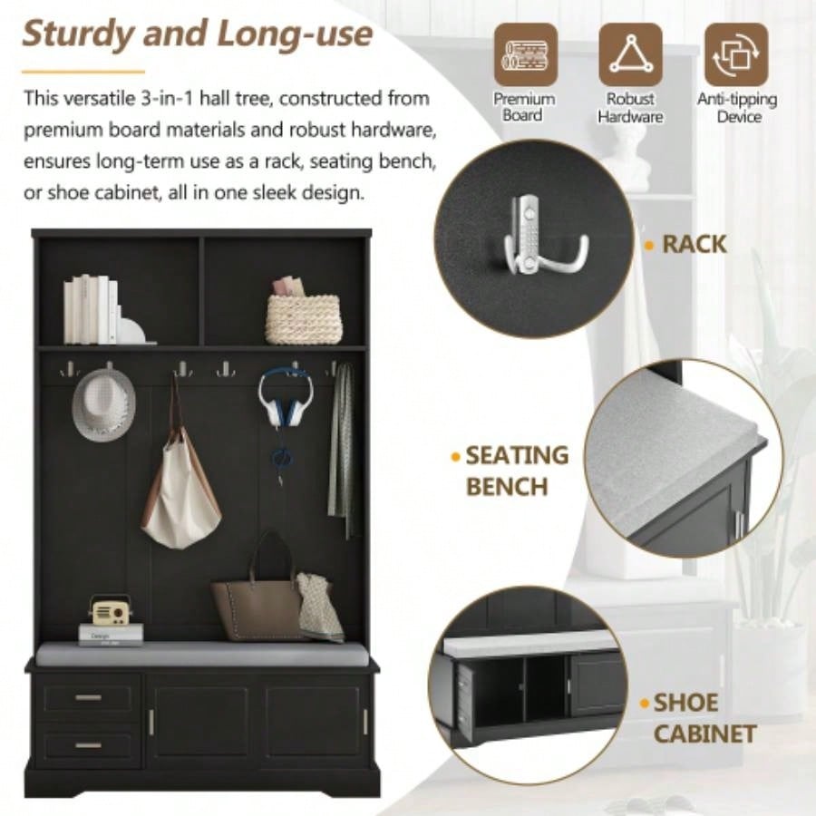 ON - TREND Elegant Hall Tree with Sliding Doors, Versatile Coat Rack with 6 Silvery Hooks Handles, Mudroom Cabinet with Shoe Storage 44.4 Cushion Hallway, Living Room, Black, 47.2*78.