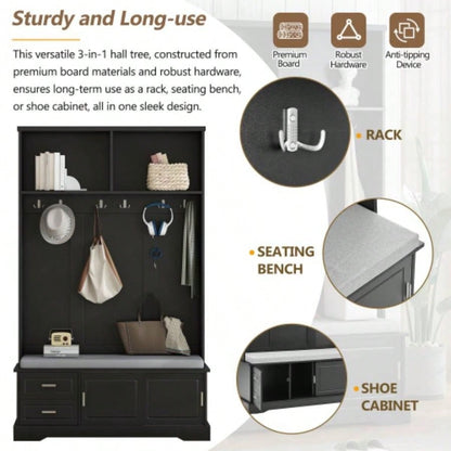 ON - TREND Elegant Hall Tree with Sliding Doors, Versatile Coat Rack with 6 Silvery Hooks Handles, Mudroom Cabinet with Shoe Storage 44.4 Cushion Hallway, Living Room, Black, 47.2*78.