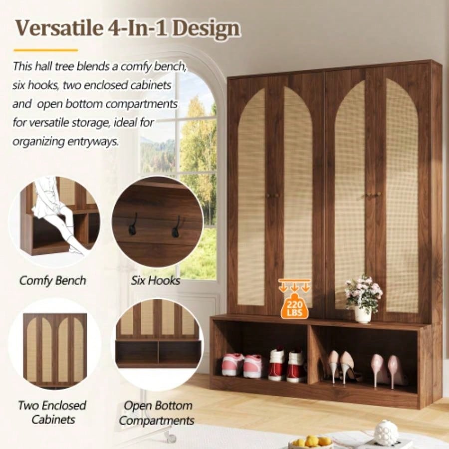 Assembly Video Farmhouse Widen Hall Tree with 4 Rattan Doors, Versatile 4 - In - 1 Seating with 6 Hooks, Mid - Entryway Shoe Cabinet with Adjustable Shelf Living Room, Walnut, 55.1