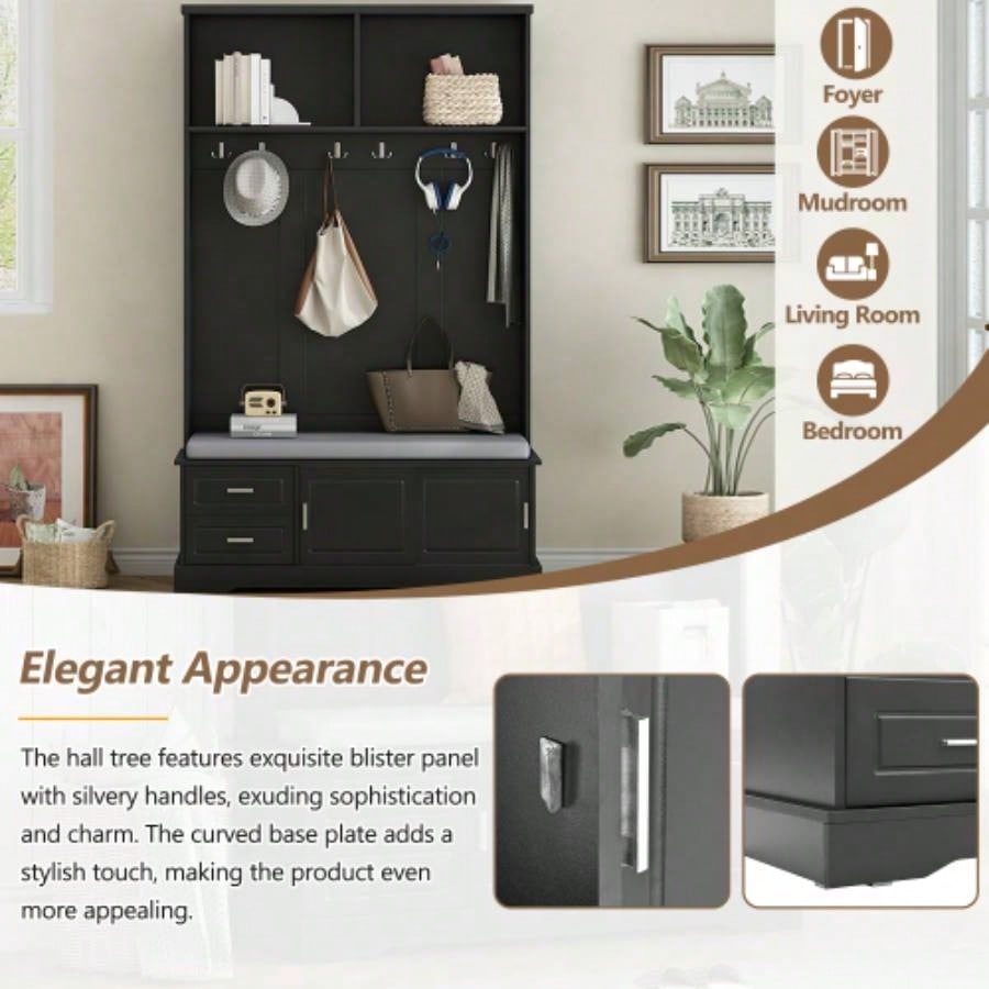 ON - TREND Elegant Hall Tree with Sliding Doors, Versatile Coat Rack with 6 Silvery Hooks Handles, Mudroom Cabinet with Shoe Storage 44.4 Cushion Hallway, Living Room, Black, 47.2*78.