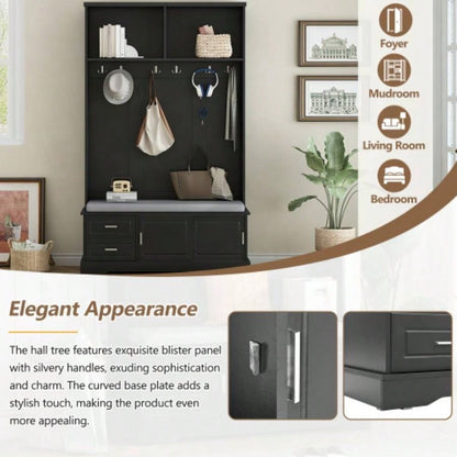 ON - TREND Elegant Hall Tree with Sliding Doors, Versatile Coat Rack with 6 Silvery Hooks Handles, Mudroom Cabinet with Shoe Storage 44.4 Cushion Hallway, Living Room, Black, 47.2*78.