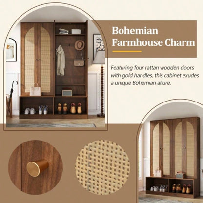 Assembly Video Farmhouse Widen Hall Tree with 4 Rattan Doors, Versatile 4 - In - 1 Seating with 6 Hooks, Mid - Entryway Shoe Cabinet with Adjustable Shelf Living Room, Walnut, 55.1