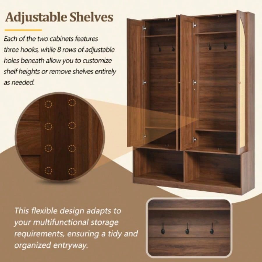 Assembly Video Farmhouse Widen Hall Tree with 4 Rattan Doors, Versatile 4 - In - 1 Seating with 6 Hooks, Mid - Entryway Shoe Cabinet with Adjustable Shelf Living Room, Walnut, 55.1