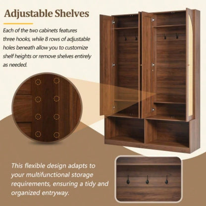 Assembly Video Farmhouse Widen Hall Tree with 4 Rattan Doors, Versatile 4 - In - 1 Seating with 6 Hooks, Mid - Entryway Shoe Cabinet with Adjustable Shelf Living Room, Walnut, 55.1