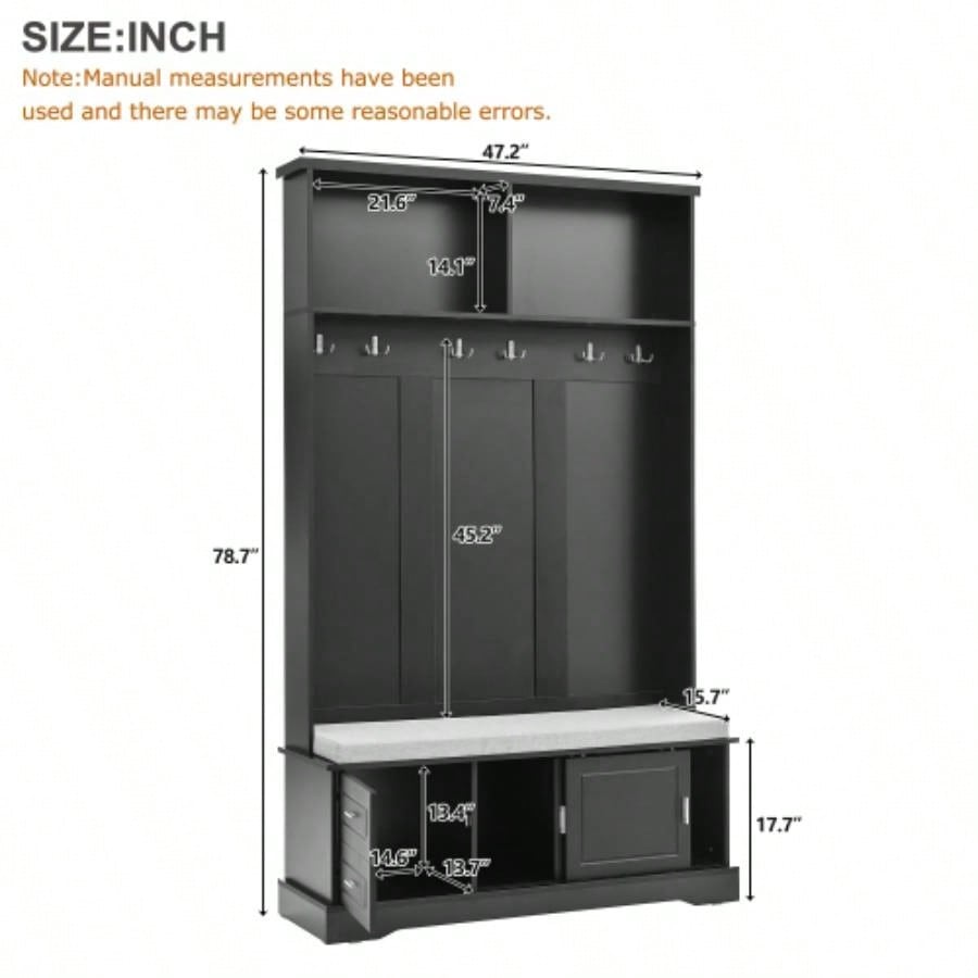ON - TREND Elegant Hall Tree with Sliding Doors, Versatile Coat Rack with 6 Silvery Hooks Handles, Mudroom Cabinet with Shoe Storage 44.4 Cushion Hallway, Living Room, Black, 47.2*78.