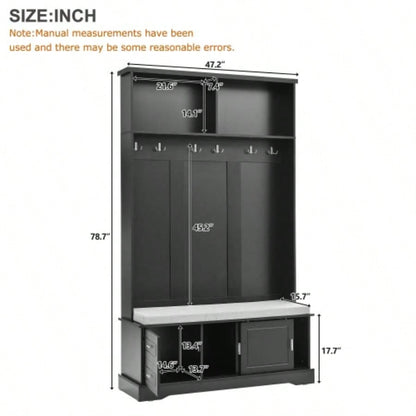 ON - TREND Elegant Hall Tree with Sliding Doors, Versatile Coat Rack with 6 Silvery Hooks Handles, Mudroom Cabinet with Shoe Storage 44.4 Cushion Hallway, Living Room, Black, 47.2*78.