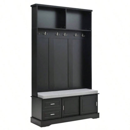 ON - TREND Elegant Hall Tree with Sliding Doors, Versatile Coat Rack with 6 Silvery Hooks Handles, Mudroom Cabinet with Shoe Storage 44.4 Cushion Hallway, Living Room, Black, 47.2*78.
