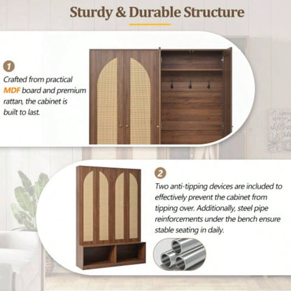 Assembly Video Farmhouse Widen Hall Tree with 4 Rattan Doors, Versatile 4 - In - 1 Seating with 6 Hooks, Mid - Entryway Shoe Cabinet with Adjustable Shelf Living Room, Walnut, 55.1