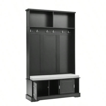 ON - TREND Elegant Hall Tree with Sliding Doors, Versatile Coat Rack with 6 Silvery Hooks Handles, Mudroom Cabinet with Shoe Storage 44.4 Cushion Hallway, Living Room, Black, 47.2*78.