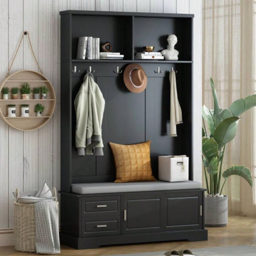 ON - TREND Elegant Hall Tree with Sliding Doors, Versatile Coat Rack with 6 Silvery Hooks Handles, Mudroom Cabinet with Shoe Storage 44.4 Cushion Hallway, Living Room, Black, 47.2*78.