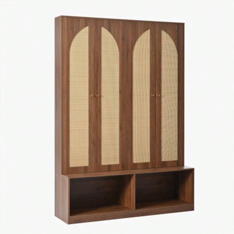 Assembly Video Farmhouse Widen Hall Tree with 4 Rattan Doors, Versatile 4 - In - 1 Seating with 6 Hooks, Mid - Entryway Shoe Cabinet with Adjustable Shelf Living Room, Walnut, 55.1