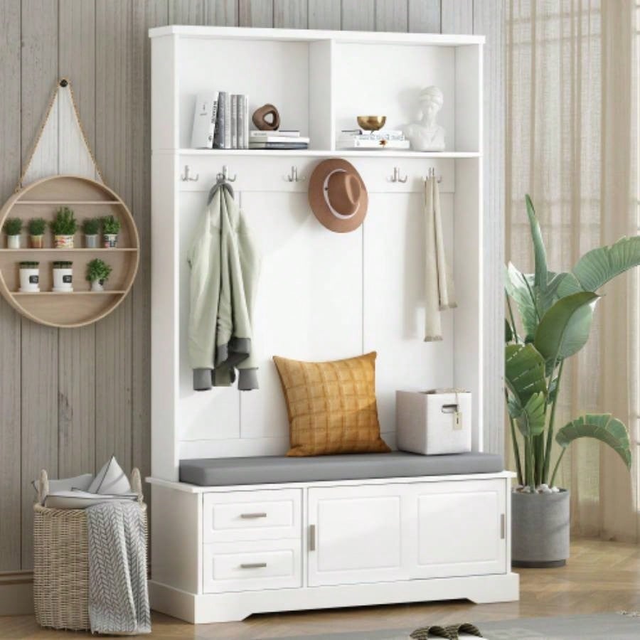 ON - TREND Elegant Hall Tree with Sliding Doors, Versatile Coat Rack with 6 Silvery Hooks Handles, Mudroom Cabinet with Shoe Storage 44.4 Cushion Hallway, Living Room, Black, 47.2*78.
