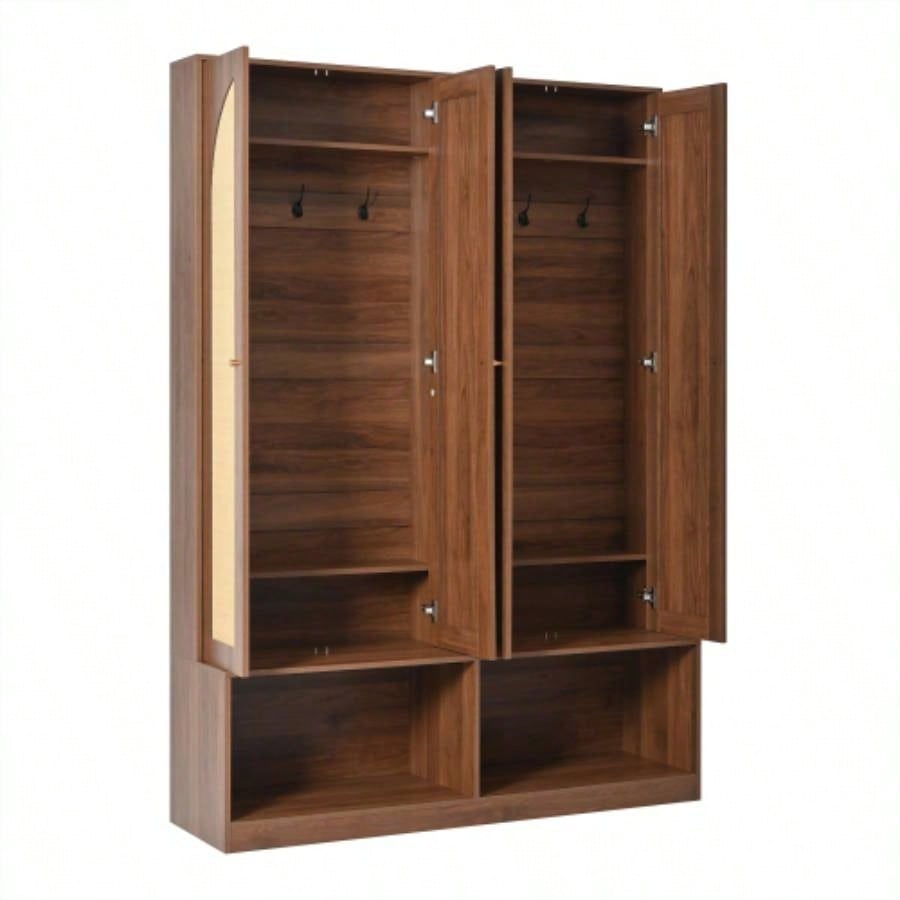 Assembly Video Farmhouse Widen Hall Tree with 4 Rattan Doors, Versatile 4 - In - 1 Seating with 6 Hooks, Mid - Entryway Shoe Cabinet with Adjustable Shelf Living Room, Walnut, 55.1