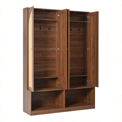 Assembly Video Farmhouse Widen Hall Tree with 4 Rattan Doors, Versatile 4 - In - 1 Seating with 6 Hooks, Mid - Entryway Shoe Cabinet with Adjustable Shelf Living Room, Walnut, 55.1