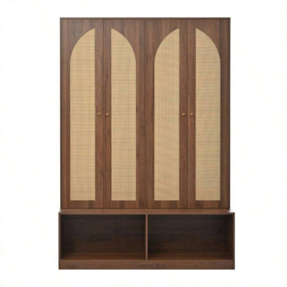 Assembly Video Farmhouse Widen Hall Tree with 4 Rattan Doors, Versatile 4 - In - 1 Seating with 6 Hooks, Mid - Entryway Shoe Cabinet with Adjustable Shelf Living Room, Walnut, 55.1