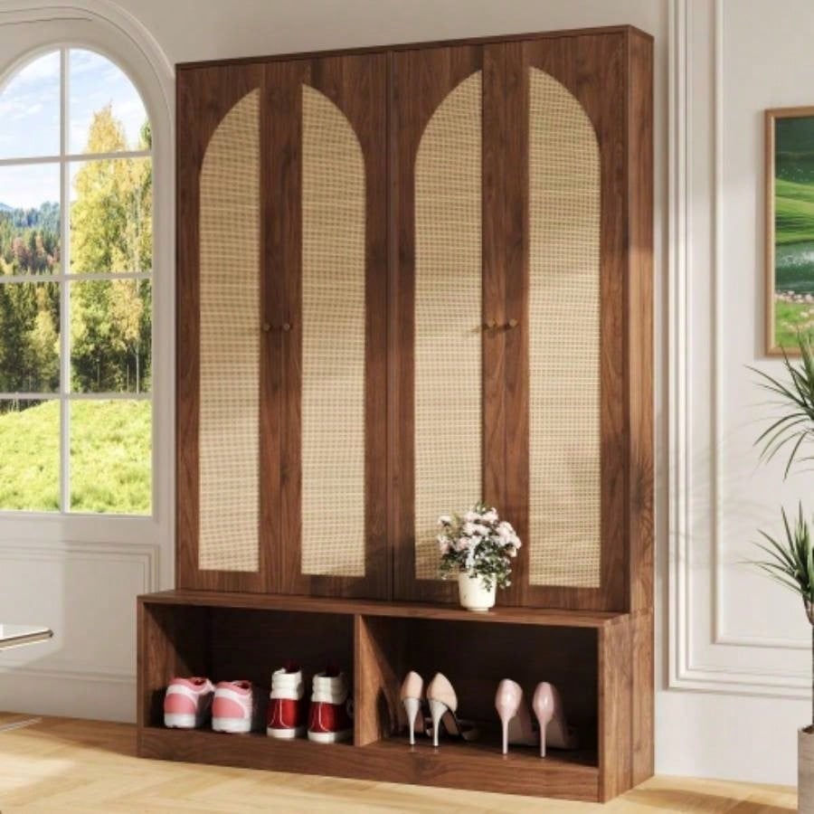 Assembly Video Farmhouse Widen Hall Tree with 4 Rattan Doors, Versatile 4 - In - 1 Seating with 6 Hooks, Mid - Entryway Shoe Cabinet with Adjustable Shelf Living Room, Walnut, 55.1