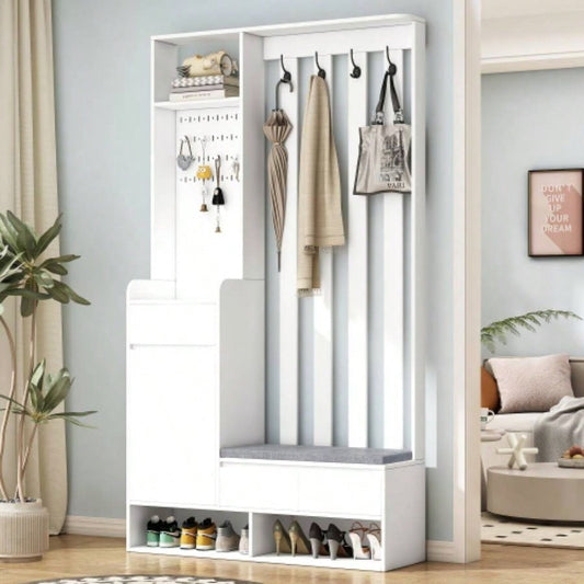 ON - TREND Contemporary 39.3Wx70.8H Hall Tree Storage with Cushioned Storage, Multifunctional Hallway Shoe Cabinet with Pegboard, Modern Coat Rack with 4 Hooks Entryway, Mudroom, White