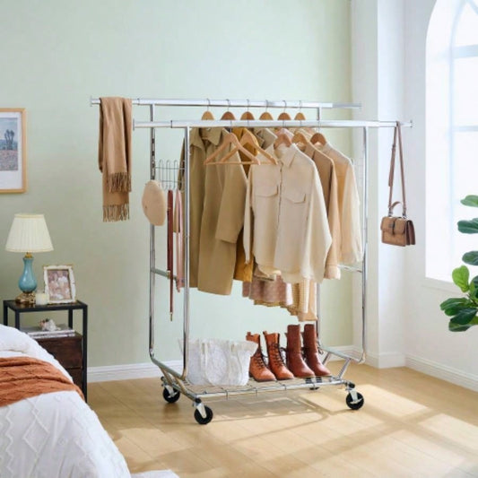 Double Clothing Garment Rack with Shelves Capacity 800lbs Clothing Racks on Wheels Rolling Clothes Rack Hanging Clothes Heavy Duty Portable Collapsible Commercial Garment Rack