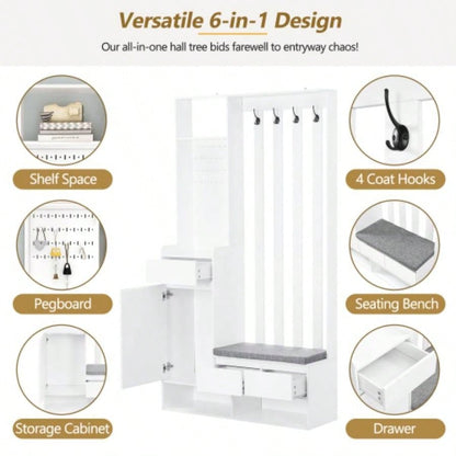 ON - TREND Contemporary 39.3Wx70.8H Hall Tree Storage with Cushioned Storage, Multifunctional Hallway Shoe Cabinet with Pegboard, Modern Coat Rack with 4 Hooks Entryway, Mudroom, White