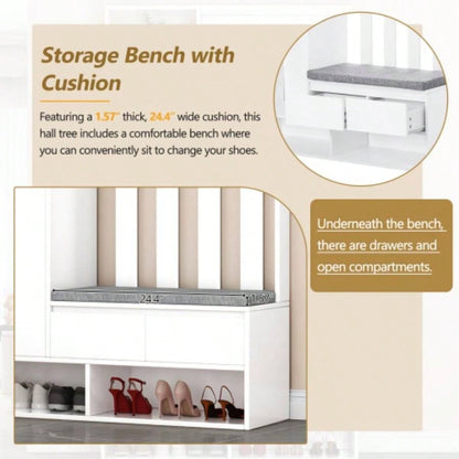ON - TREND Contemporary 39.3Wx70.8H Hall Tree Storage with Cushioned Storage, Multifunctional Hallway Shoe Cabinet with Pegboard, Modern Coat Rack with 4 Hooks Entryway, Mudroom, White