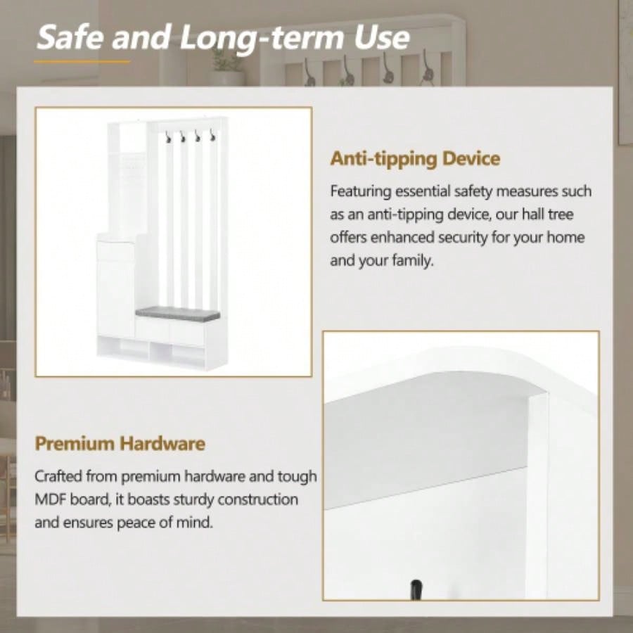 ON - TREND Contemporary 39.3Wx70.8H Hall Tree Storage with Cushioned Storage, Multifunctional Hallway Shoe Cabinet with Pegboard, Modern Coat Rack with 4 Hooks Entryway, Mudroom, White