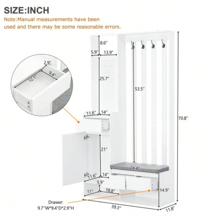 ON - TREND Contemporary 39.3Wx70.8H Hall Tree Storage with Cushioned Storage, Multifunctional Hallway Shoe Cabinet with Pegboard, Modern Coat Rack with 4 Hooks Entryway, Mudroom, White