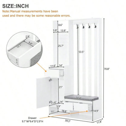 ON - TREND Contemporary 39.3Wx70.8H Hall Tree Storage with Cushioned Storage, Multifunctional Hallway Shoe Cabinet with Pegboard, Modern Coat Rack with 4 Hooks Entryway, Mudroom, White