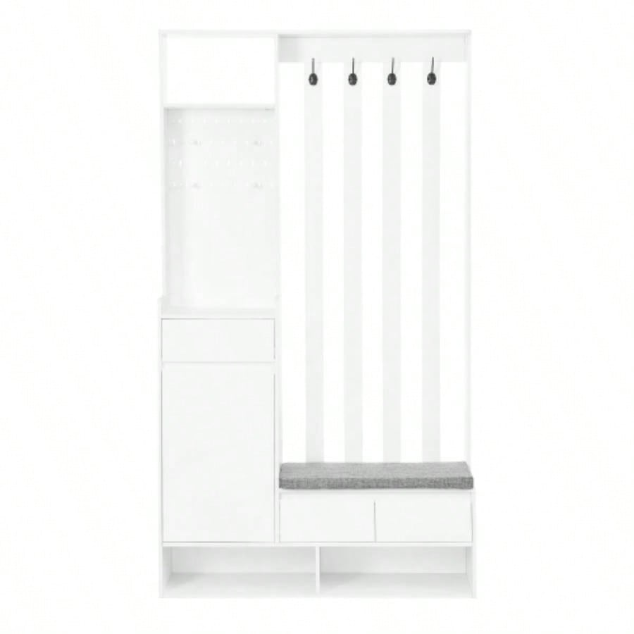 ON - TREND Contemporary 39.3Wx70.8H Hall Tree Storage with Cushioned Storage, Multifunctional Hallway Shoe Cabinet with Pegboard, Modern Coat Rack with 4 Hooks Entryway, Mudroom, White