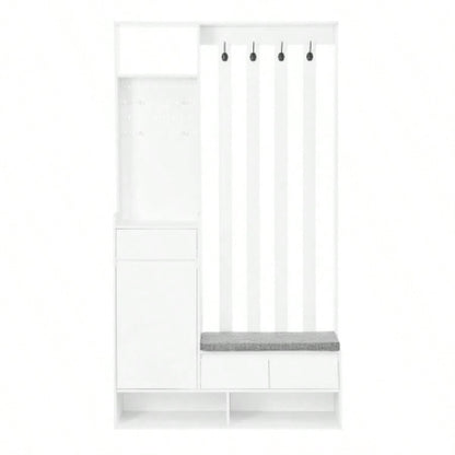 ON - TREND Contemporary 39.3Wx70.8H Hall Tree Storage with Cushioned Storage, Multifunctional Hallway Shoe Cabinet with Pegboard, Modern Coat Rack with 4 Hooks Entryway, Mudroom, White