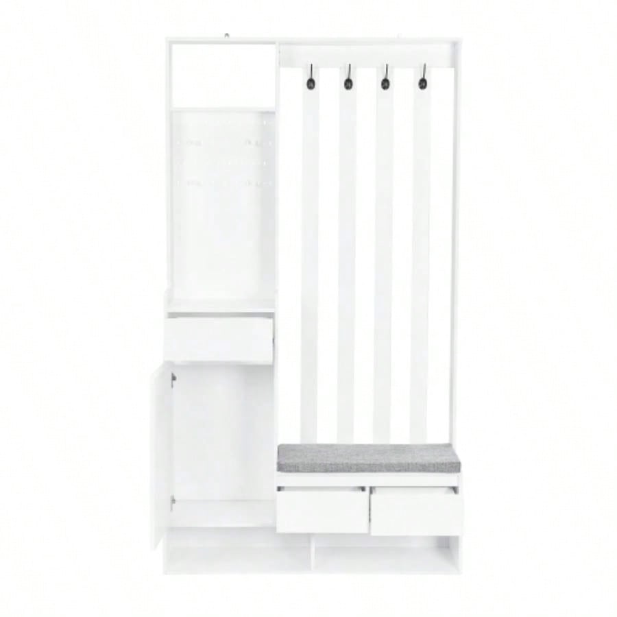 ON - TREND Contemporary 39.3Wx70.8H Hall Tree Storage with Cushioned Storage, Multifunctional Hallway Shoe Cabinet with Pegboard, Modern Coat Rack with 4 Hooks Entryway, Mudroom, White