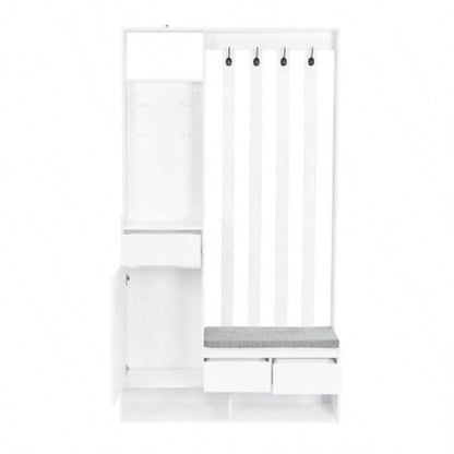 ON - TREND Contemporary 39.3Wx70.8H Hall Tree Storage with Cushioned Storage, Multifunctional Hallway Shoe Cabinet with Pegboard, Modern Coat Rack with 4 Hooks Entryway, Mudroom, White