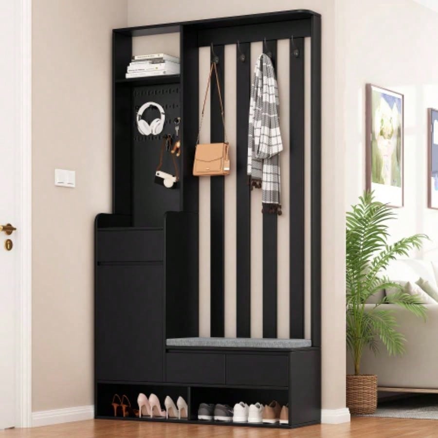 ON - TREND Contemporary 39.3Wx70.8H Hall Tree Storage with Cushioned Storage, Multifunctional Hallway Shoe Cabinet with Pegboard, Modern Coat Rack with 4 Hooks Entryway, Mudroom, White
