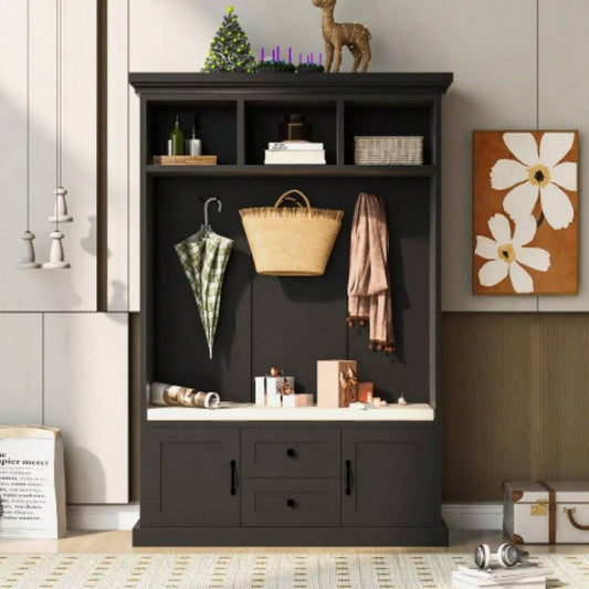 U - Can Hall Tree with 3 Hooks, Coat Hanger, Entryway, Storage, 3 - in - 1 Design, 47.2INCH, Entrance, Hallway Black