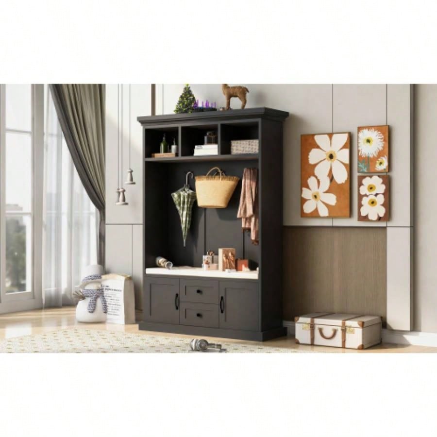 U - Can Hall Tree with 3 Hooks, Coat Hanger, Entryway, Storage, 3 - in - 1 Design, 47.2INCH, Entrance, Hallway Black