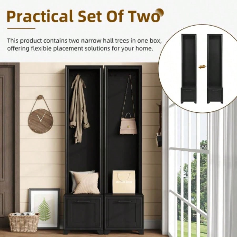 ON - TREND Elegant Standing Hall Tree Set of 2, Multifunctional 3 - IN - 1 Entryway Coat Rack with Black Retro Handles, Seating with Storage Drawers Hallway, Living Room, Black, 31.470.8H