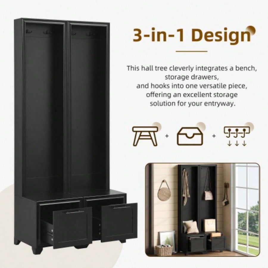 ON - TREND Elegant Standing Hall Tree Set of 2, Multifunctional 3 - IN - 1 Entryway Coat Rack with Black Retro Handles, Seating with Storage Drawers Hallway, Living Room, Black, 31.470.8H