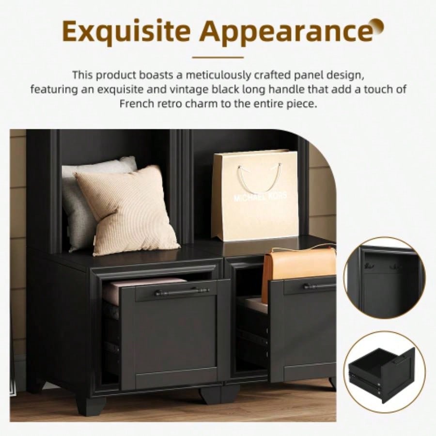 ON - TREND Elegant Standing Hall Tree Set of 2, Multifunctional 3 - IN - 1 Entryway Coat Rack with Black Retro Handles, Seating with Storage Drawers Hallway, Living Room, Black, 31.470.8H