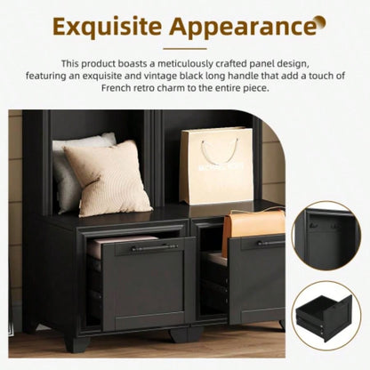 ON - TREND Elegant Standing Hall Tree Set of 2, Multifunctional 3 - IN - 1 Entryway Coat Rack with Black Retro Handles, Seating with Storage Drawers Hallway, Living Room, Black, 31.470.8H