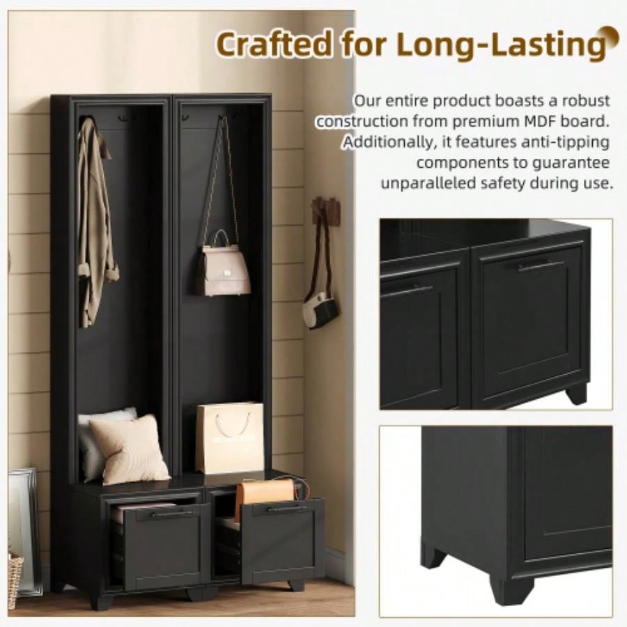 ON - TREND Elegant Standing Hall Tree Set of 2, Multifunctional 3 - IN - 1 Entryway Coat Rack with Black Retro Handles, Seating with Storage Drawers Hallway, Living Room, Black, 31.470.8H