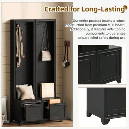 ON - TREND Elegant Standing Hall Tree Set of 2, Multifunctional 3 - IN - 1 Entryway Coat Rack with Black Retro Handles, Seating with Storage Drawers Hallway, Living Room, Black, 31.470.8H
